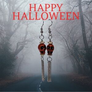 Orange Skulls & Such Earrings with Dangling Chains